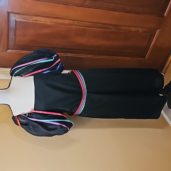 VINTAGE DRESS PUFFY SHOULDERS 5/6 BLACK MULTI-COLORED ONE OF A KIND - Picture 1 of 10